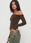 side view of model wearing Princess Polly Dusky Long Sleeve Top Khaki Full Sleeves straight 