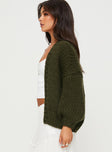 side view of model wearing Princess Polly Lester Knit Cardigan Olive Long 