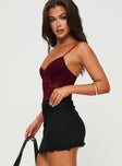 side view of model wearing Princess Polly Pennard Lace Bodysuit Wine Sleeveless 