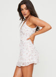 side view of model wearing Princess Polly Lars Mini Dress White / Floral V-Neck 