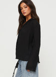 Front view of model wearing  front Princess Polly Full Sleeves Crew Neck  Selma Shirt Black