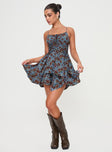 back view of model wearing Princess Polly Barrett Mini Dress Blue / Floral Square Neck 