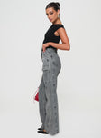 side view of model wearing Princess Polly Chad Cargo Jeans Grey Wash Denim Mid Rise 