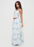   side view of model wearing Princess Polly Modern Girl Maxi Skirt White / Blue Floral Maxi 