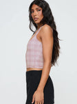 side view of model wearing Princess Polly Back In Time Top Pink Check Sleeveless Square Neck 