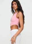 side view of model wearing Princess Polly Toomba One Shoulder Top Pink Sleeveless Asymmetric Neckline 