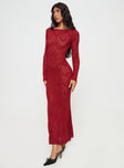 front view of model wearing Princess Polly Pricely Long Sleeve Maxi Dress Red Boat Neck Boat Neck 