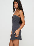 side view of model wearing Princess Polly Gradwell Strapless Mini Dress Grey Straight Neck 