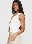 side view of model wearing Princess Polly Awakening Tie Front Top White Sleeveless V-Neck 