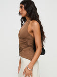 side view of model wearing Princess Polly Marvin Halter Top Brown Sleeveless V-Neck 