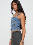 side view of model wearing Princess Polly Yappa Denim Top Mid Wash Sleeveless Square Neck 