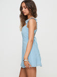 side view of model wearing Princess Polly Landon Mini Dress Blue Sweetheart Neckline 