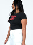 side view of model wearing Princess Polly Lucky You Cherry Tee Black Short Sleeves High Neck 