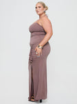 side view of model wearing Princess Polly Destinations Maxi Dress Mauve Curve Sweetheart Neckline 