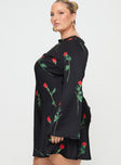 side view of model wearing Princess Polly Heartfelt Long Sleeve Mini Dress Black Curve Boat Neck 