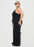 side view of model wearing Princess Polly Clouded Linen Blend Vest Top Black Curve Sleeveless Plunger 