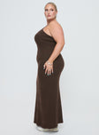 side view of model wearing Princess Polly Kattan Maxi Dress Chocolate Curve Scoop Neck 