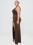 side view of model wearing Princess Polly Rios One Shoulder Maxi Dress Brown Curve Asymmetric Neckline 