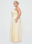 side view of model wearing Princess Polly Slow Dance Linen Blend Maxi Dress Cream / Blue Curve Straight Neck 