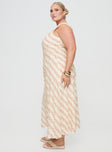 side view of model wearing Princess Polly Chosen Girl Linen Blend Maxi Dress Multi Curve Square Neck 