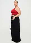   side view of model wearing Princess Polly Batkins Maxi Skirt Black Curve Maxi 