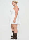 side view of model wearing Princess Polly Slow Dance Linen Blend Mini Dress White Curve Square Neck 