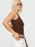 side view of model wearing Princess Polly Casado Top Brown Sleeveless Crew Neck 