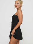 side view of model wearing Princess Polly Change It Up Mini Dress Black / Pinstripe Straight Neck 