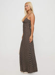 side view of model wearing Princess Polly Jorjana Polka Maxi Dress Brown / White Plunger 