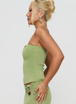 side view of model wearing Princess Polly Sun Chaser Strapless Top Green Sleeveless Sweetheart 