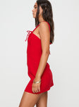 side view of model wearing Princess Polly Lovers Quarrel Mini Dress Red Sweetheart Neckline 