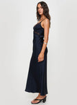 side view of model wearing Princess Polly Treasure Bias Cut Maxi Dress Navy Petite V-Neck 