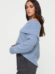 side view of model wearing Princess Polly Parkley Boucle Off The Shoulder Sweater Blue Long 