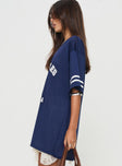 side view of model wearing Princess Polly Michail Jersey Dress Navy V-Neck 