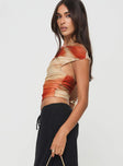 side view of model wearing Princess Polly Sweet Emotion Top Brown Multi Sleeveless Asymmetric Neckline 