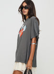 side view of model wearing Princess Polly Kewpie Oversized Tee Washed Black Half Sleeves Crew Neck 