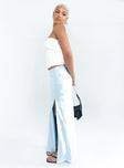   side view of model wearing Princess Polly Don't Belong Maxi Skirt Blue Maxi 