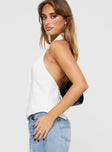 side view of model wearing Princess Polly Mallorcs Vest Top White Sleeveless Plunger 