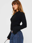 side view of model wearing Princess Polly Phillips Cold Shoulder Sweater Black Cropped 