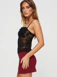 side view of model wearing Princess Polly Kerr Lace Top Black Sleeveless Sweetheart 