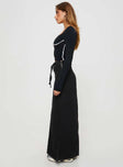   side view of model wearing Princess Polly Brandee Tie Front Denim Maxi Skirt Black Wash Maxi 