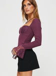 side view of model wearing Princess Polly Softer Side Long Sleeve Top Wine Full Sleeves Sweetheart 