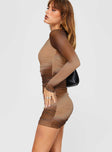 side view of model wearing Princess Polly Melvin Long Sleeve Mini Dress Brown Crew Neck 