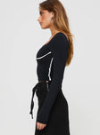 side view of model wearing Princess Polly Maidenwell Contrast Long Sleeve Top Black Full Sleeves Square Neck 