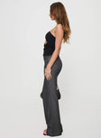 side view of model wearing Princess Polly Kinkirk Flared Pants Grey Pinstripe Low Rise Pants 