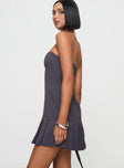 side view of model wearing Princess Polly Twin Flame Strapless Mini Dress Slate Grey Straight Neck 