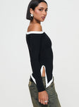 side view of model wearing Princess Polly Fake Smile Long Sleeve Top Black Full Sleeves Asymmetric Neckline 