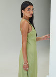 side view of model wearing Princess Polly Nehemiah One Shoulder Maxi Dress Chartreuse Asymmetric Neckline 