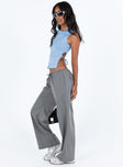 Grey pants Drawstring waist Twin hip and back pockets Wide leg