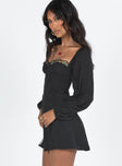 side view of model wearing Princess Polly Floreto Long Sleeve Mini Dress Black Sweetheart Neckline 